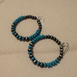 Elegant Turquoise and Silver Beaded Hoop Earrings
